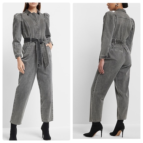 Express Puff Sleeve Tie Waist Gray Wash Denim Jumpsuit 6 - Picture 2 of 16